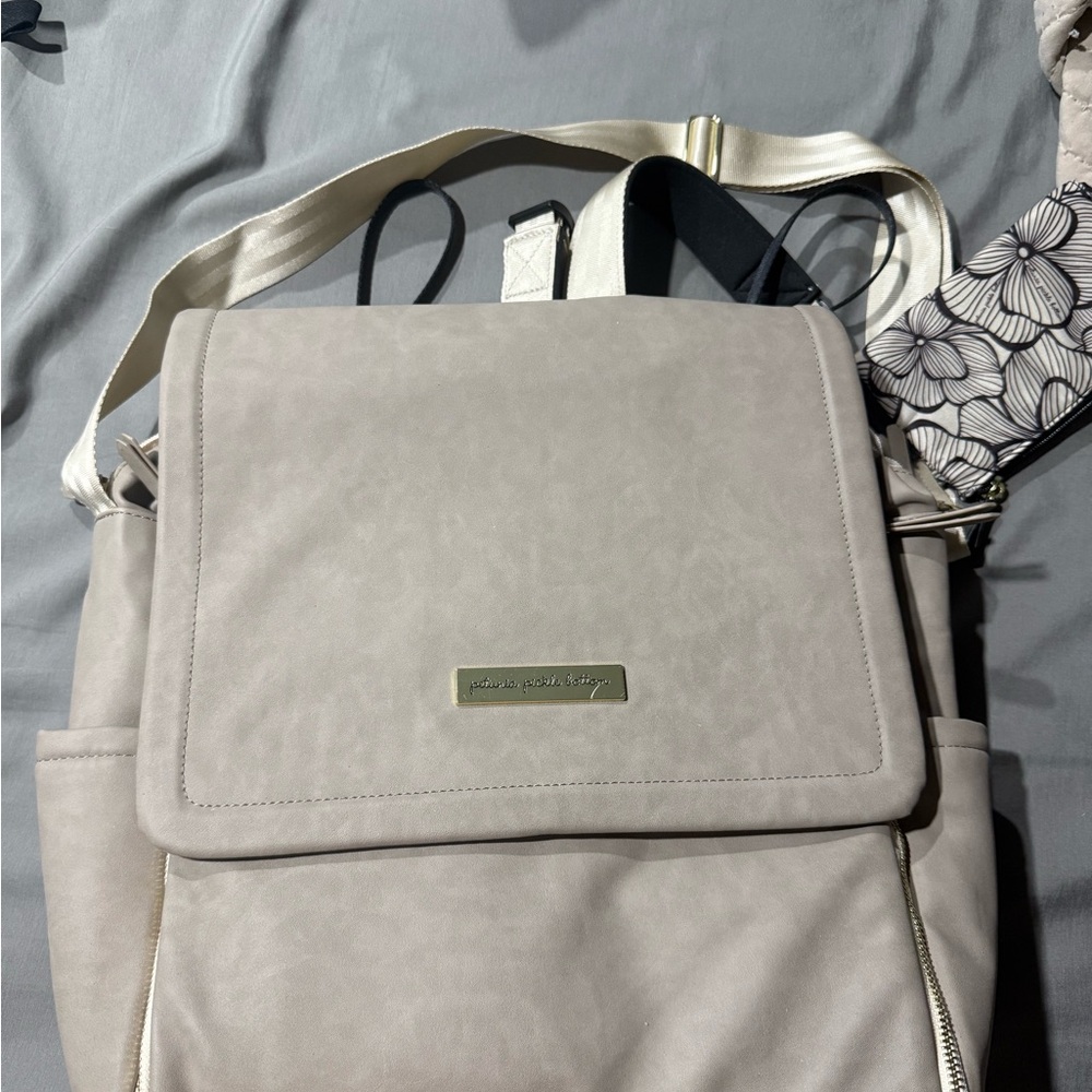 Beige Backpack Diaper Bag with Floral Strap